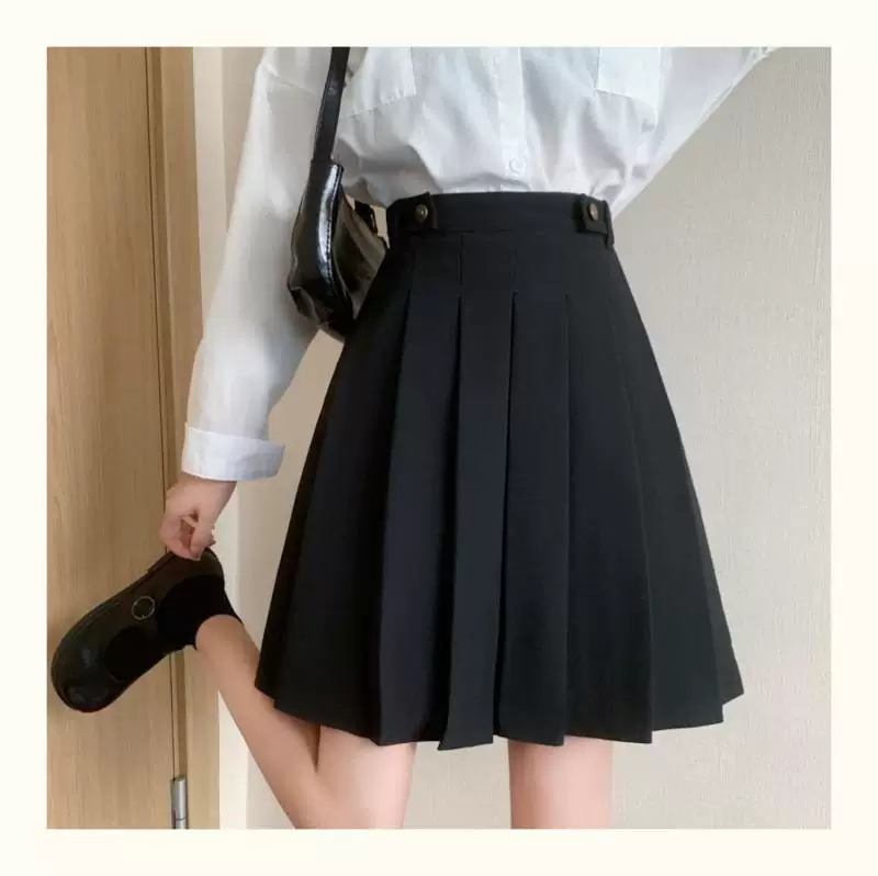 Váy xếp ly cỡ lớn dành cho nữ, mùa xuân hè, dài vừa phải, phong cách preppy, lưng cao, tôn dáng, che hông, váy chữ A, váy phồng, quần váy.