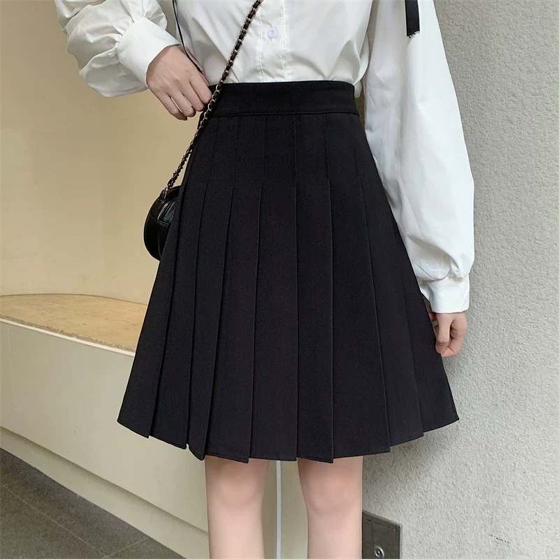 Váy xếp ly cỡ lớn dành cho nữ, dài vừa phải, mùa xuân hè, giảm béo, chống lộ, váy ngắn phồng, phong cách preppy, váy chữ A cạp cao.