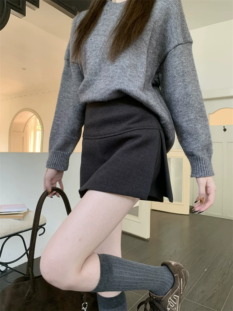Quần váy xẻ tà màu xám cỡ lớn dành cho nữ, mùa thu đông, quần short giảm béo lưng cao, váy ngắn chữ A, quần váy len.