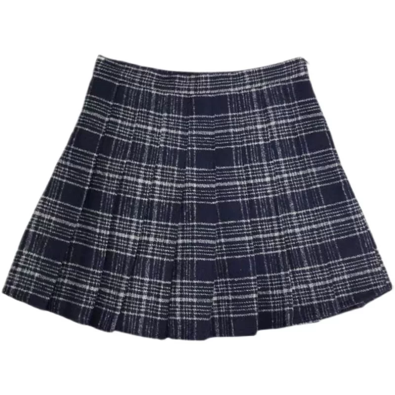 Váy len kẻ sọc kaki xếp ly váy ngắn dành cho nữ mùa thu đông cỡ lớn váy chữ A lưng cao váy phong cách preppy váy chống lộ