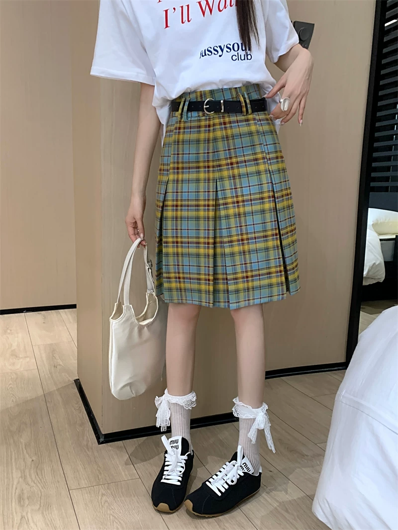 Váy xếp ly lưng cao phong cách preppy cỡ lớn, váy kẻ sọc xanh vàng mùa hè dành cho nữ, váy dài vừa vặn dáng chữ A giúp thon gọn