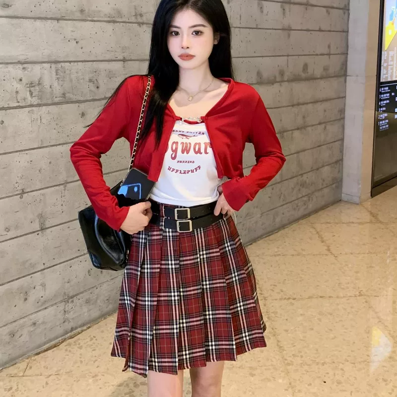 Váy xếp ly kẻ sọc đỏ cỡ lớn dành cho nữ mùa hè, lưng cao, tôn dáng, váy ngắn chữ A phong cách preppy, váy JK chống lộ.