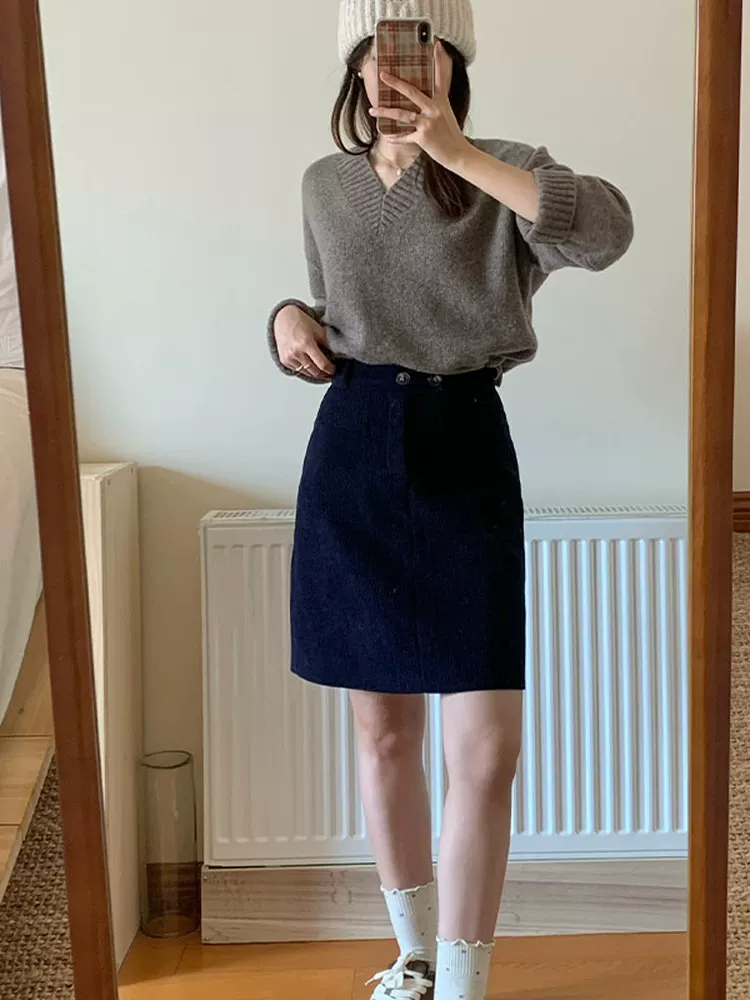 Váy nhung kẻ sọc xanh hải quân dành cho nữ, váy midi dáng chữ A mùa thu đông, cạp cao, cỡ lớn, tôn dáng, váy bút chì, váy ngắn.