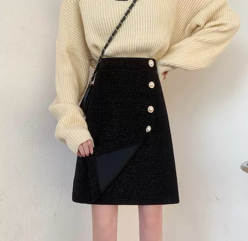 Váy len cạp cao dáng bất đối xứng dành cho nữ, size lớn, che hông, dáng chữ A, ngắn, tôn dáng, dành cho mùa thu đông.