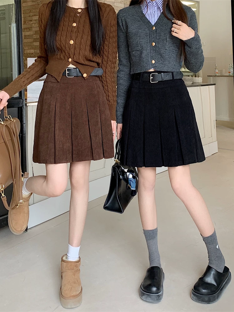 Váy nhung kẻ sọc dáng dài, mùa thu đông, váy bút chì dáng A Melard, váy nhung kẻ, váy xếp ly cao eo tôn dáng