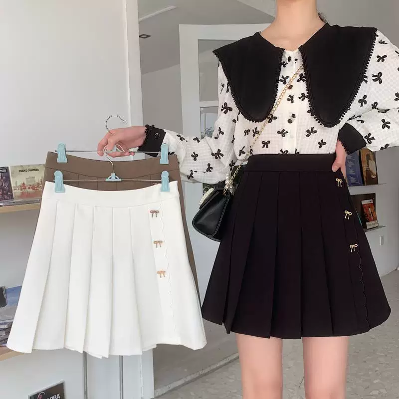 Váy xếp ly màu trắng dành cho nữ, váy chữ A cạp cao tôn dáng mùa hè, kiểu dáng học sinh, váy ngắn xếp ly thêu dành cho nữ cỡ lớn.