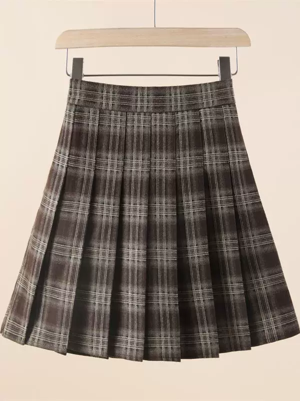 Váy kẻ sọc đỏ len cỡ lớn, váy xếp ly dày dành cho nữ, váy chữ A phong cách đại học mùa thu đông, váy ngắn kẻ sọc cà phê.