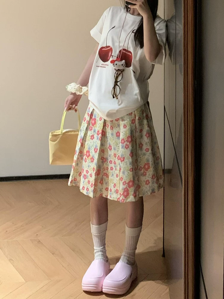 Váy xếp ly hoa hồng phong cách retro Mỹ dành cho nữ, mùa hè 2025, kiểu dáng đa năng, chất liệu thường ngày, lưng cao, dài ngang đùi