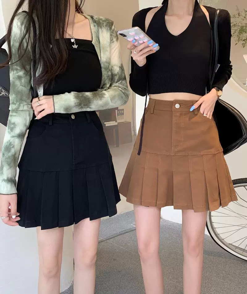 Váy xếp ly nữ mùa hè 2021 kiểu mới, size lớn, dành cho người mập, eo cao, tôn dáng, kiểu dáng cổ điển, dáng chữ A, ngắn