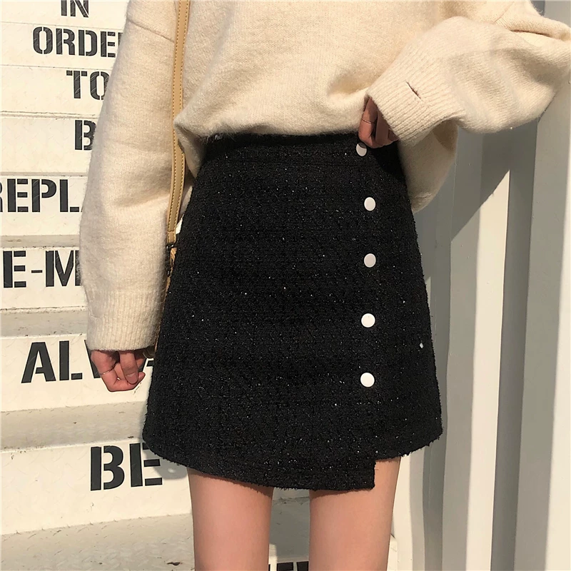 Váy ngắn tweed cỡ lớn dành cho nữ, mùa thu đông, váy chữ A cạp cao tôn dáng, váy nửa thân len dáng bất quy tắc.