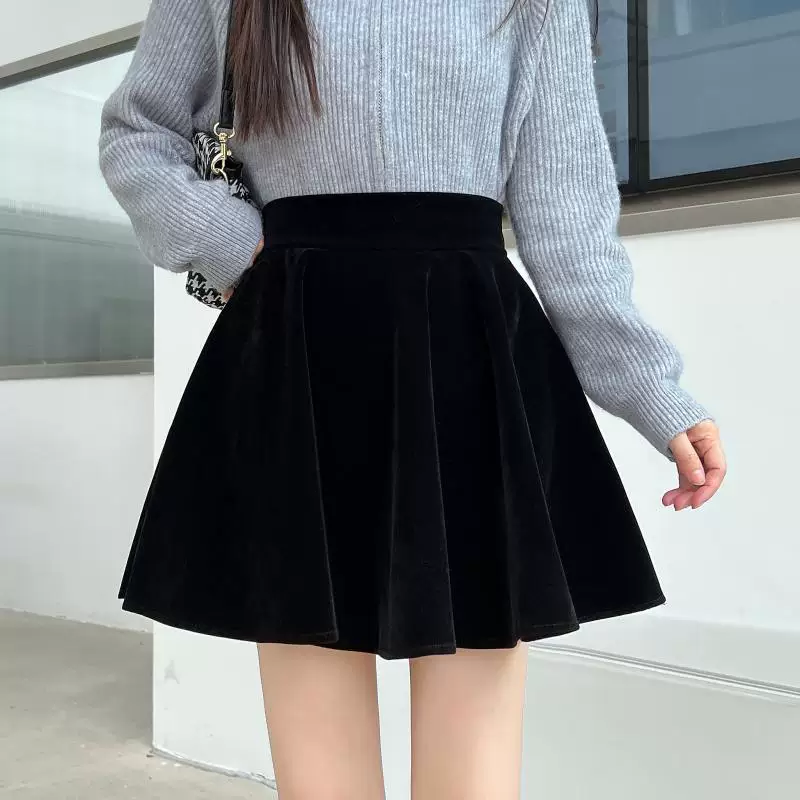 Váy nhún bèo nhung đen cỡ lớn mùa thu đông, kiểu dáng chữ A dành cho phụ nữ ngoại cỡ, cạp cao, tôn dáng, che hông, váy ngắn bồng bềnh dành cho nữ.