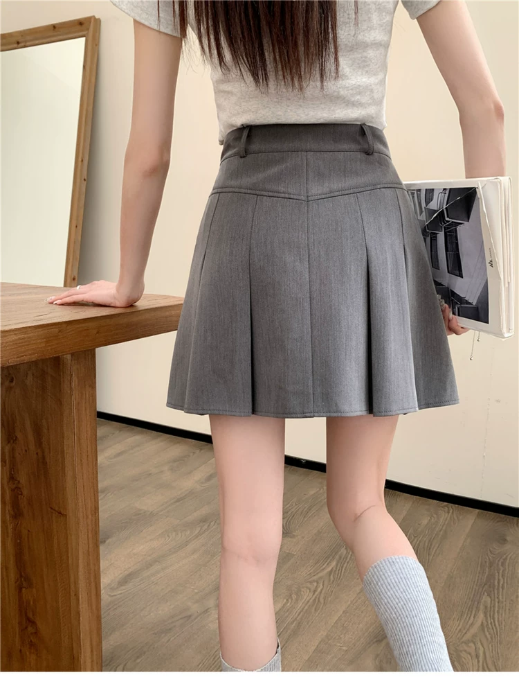 Váy xếp ly màu xám dành cho nữ, váy ngắn cạp cao, dáng ôm, thiết kế độc đáo, phong cách học sinh, kiểu dáng chữ A, size lớn, mùa hè.