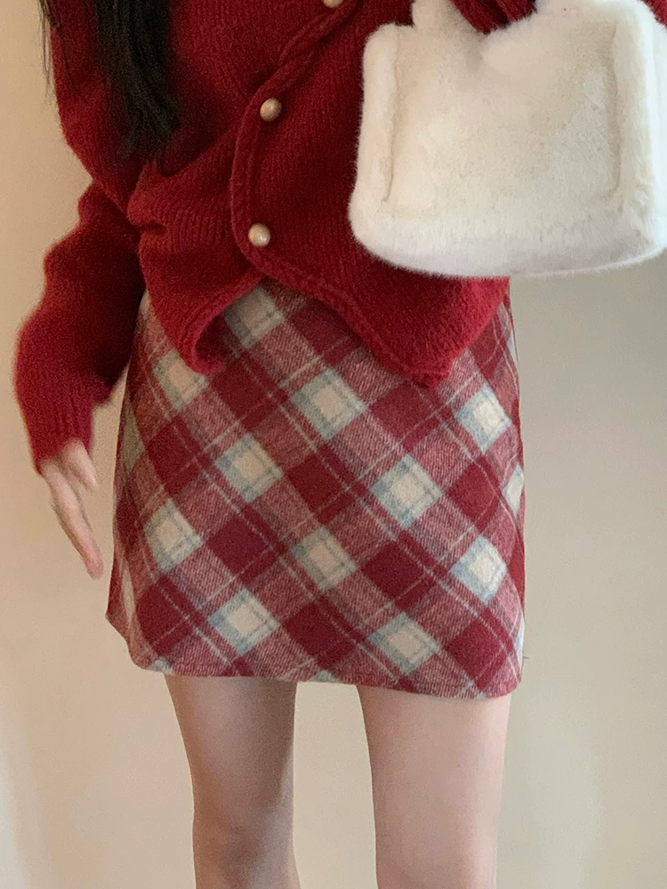 Váy len kẻ sọc đỏ giáng sinh dành cho nữ, váy thu đông, váy ngắn nhỏ nhắn, váy chữ A ôm hông lưng cao