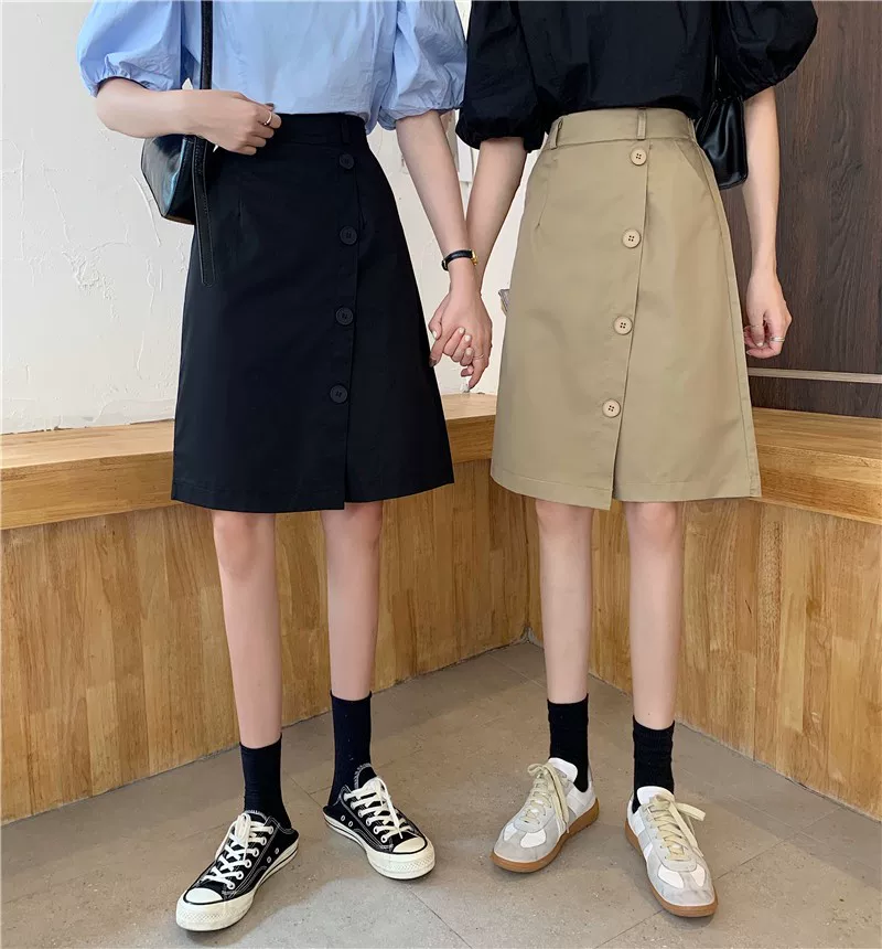 Váy dài trung bình phong cách Hàn Quốc mùa hè, váy chữ A không đều dáng rộng cạp cao cỡ lớn, váy công sở, váy ôm dáng phong cách preppy