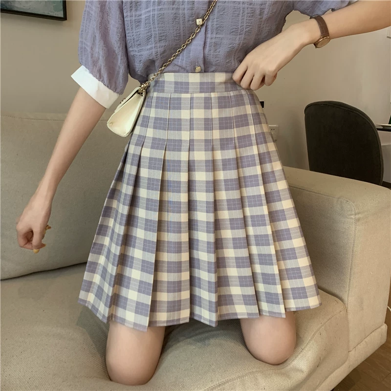 Váy xếp ly kẻ sọc cỡ lớn dành cho nữ, mùa hè, lưng cao, thon gọn, dáng chữ A, dài vừa phải, phong cách preppy, váy nửa dài, váy kiểu BM.