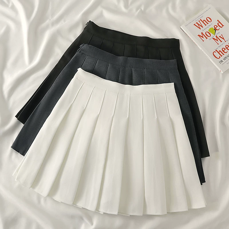 Váy xếp ly màu trắng dành cho nữ, size lớn mùa hè, váy chữ A cạp cao, tôn dáng, váy nửa thân kiểu học sinh, váy ngắn dành cho phụ nữ nhỏ nhắn.