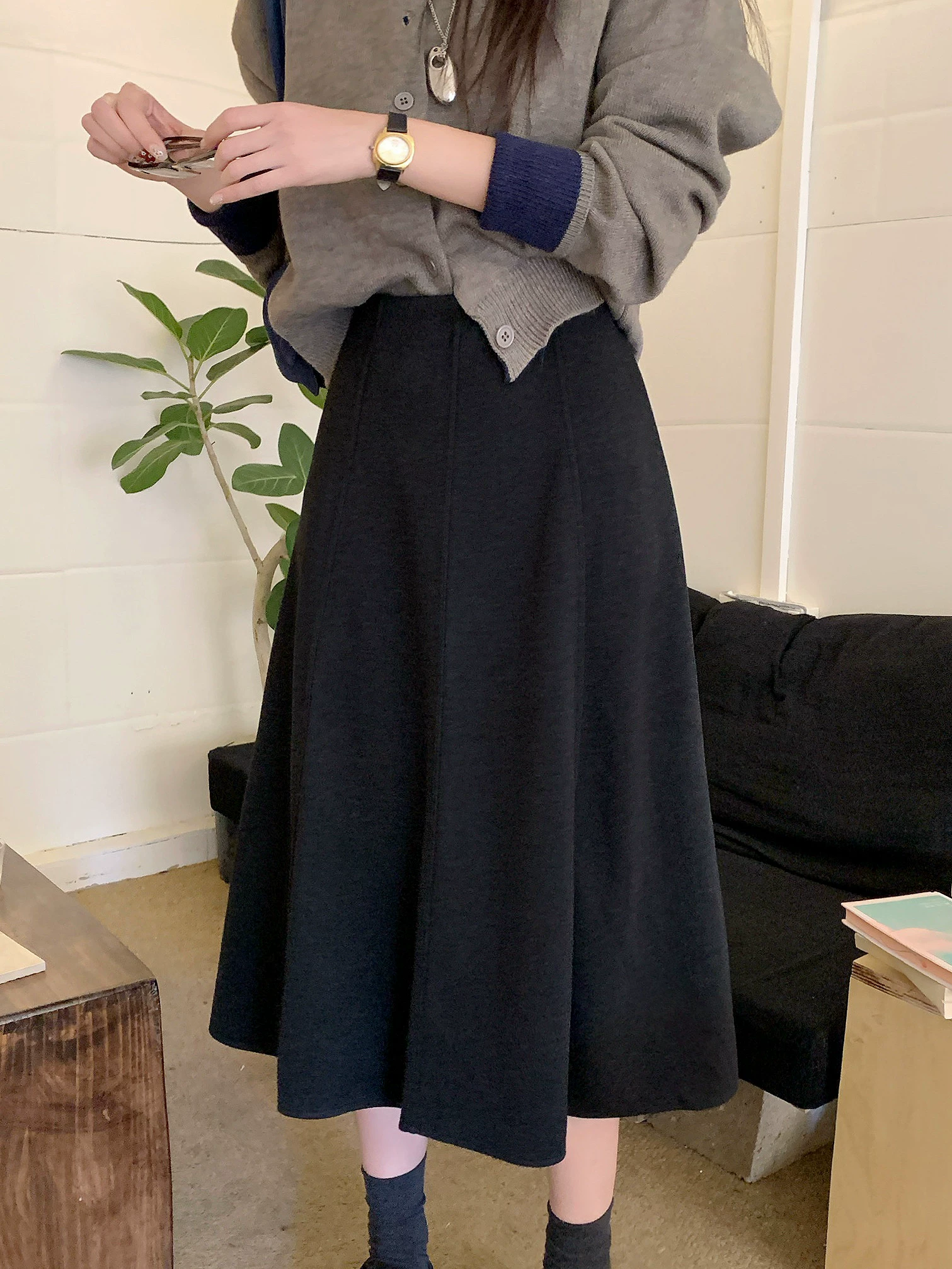 Váy midi len kiểu Pháp dành cho nữ, mùa thu đông, dáng quả lê, váy dài chữ A, lưng cao, tôn dáng, váy dáng dù, lưng thun, váy vạt rộng.