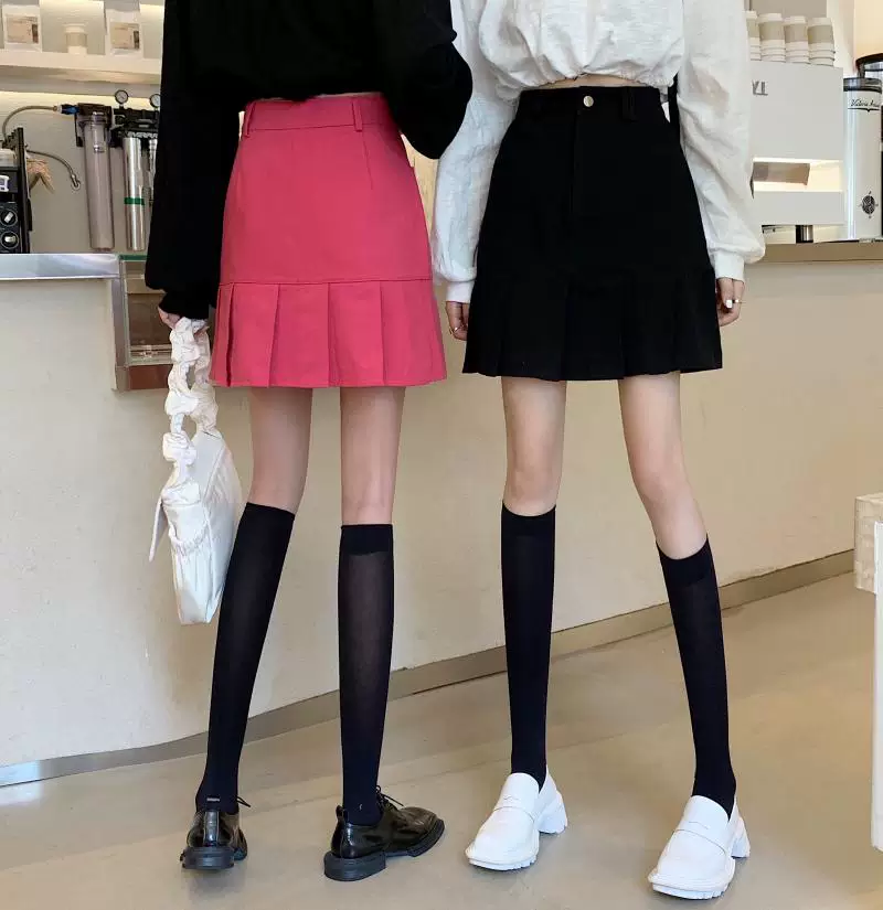 Váy denim xếp ly màu đỏ hồng lưng cao dành cho nữ, phong cách Hàn Quốc mùa thu, cỡ lớn, váy ngắn chữ A tôn dáng, váy ôm sát nửa thân.