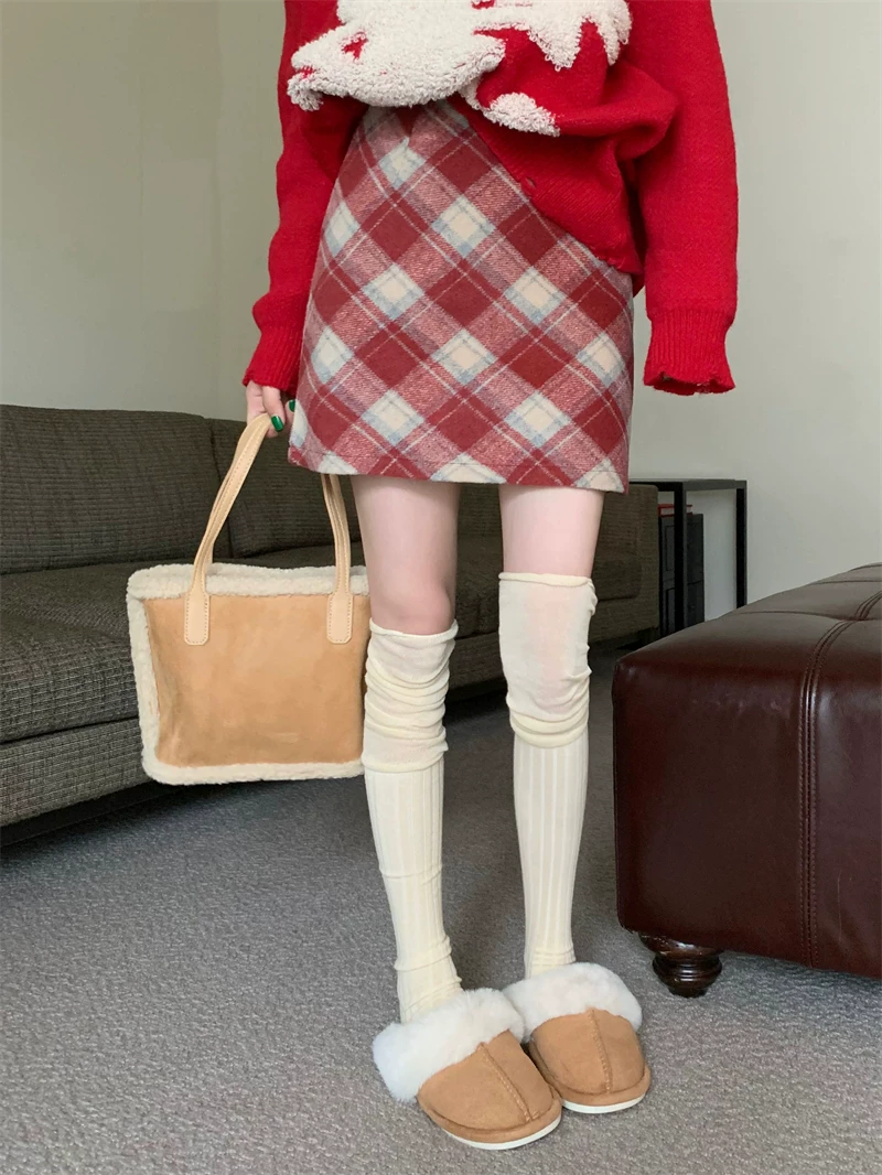 Váy len kẻ sọc đỏ giáng sinh dành cho nữ, váy thu đông, váy ngắn nhỏ nhắn, váy chữ A ôm hông lưng cao