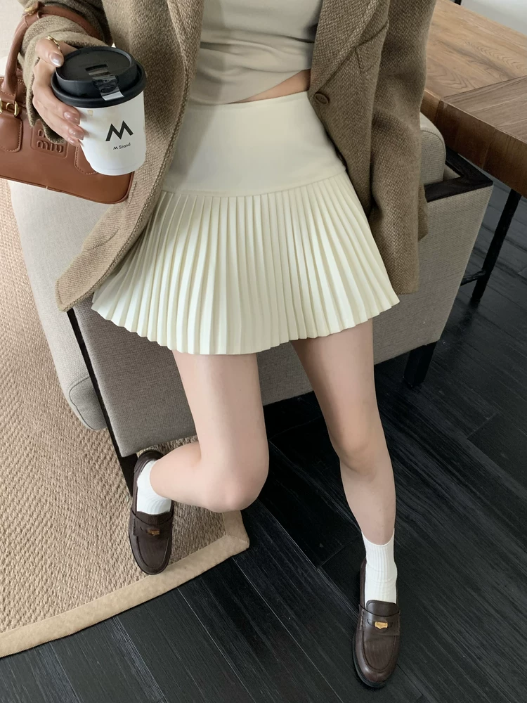 Váy xếp ly màu xám dày cho mùa thu đông, cỡ lớn, che hông, dáng chữ A, váy ngắn chống lộ, váy len cỡ nhỏ, cạp cao.