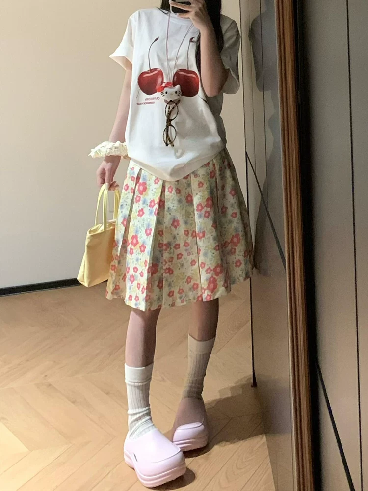 Váy xếp ly hoa hồng phong cách retro Mỹ dành cho nữ, mùa hè 2025, kiểu dáng đa năng, chất liệu thường ngày, lưng cao, dài ngang đùi