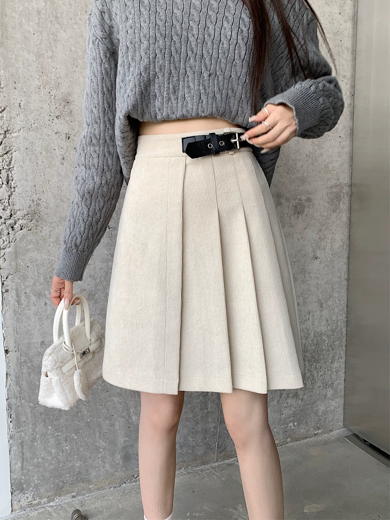 Váy nhung kẻ lưng cao dành cho nữ, mùa thu đông, cỡ lớn, váy ngắn chữ A thon gọn, màu cà phê, váy ôm sát, váy xếp ly không đều.