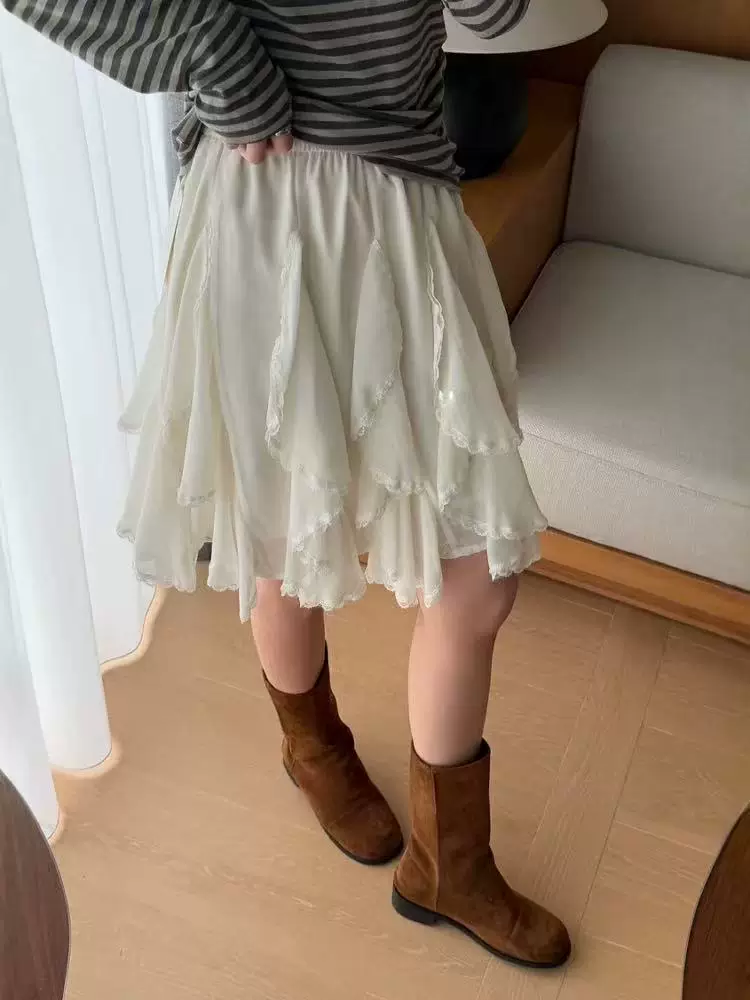 Váy ren viền không đều kiểu Pháp cỡ lớn dành cho nữ, váy chữ A xếp tầng eo cao tôn dáng mùa hè dành cho phụ nữ có đường cong, váy midi che hông.