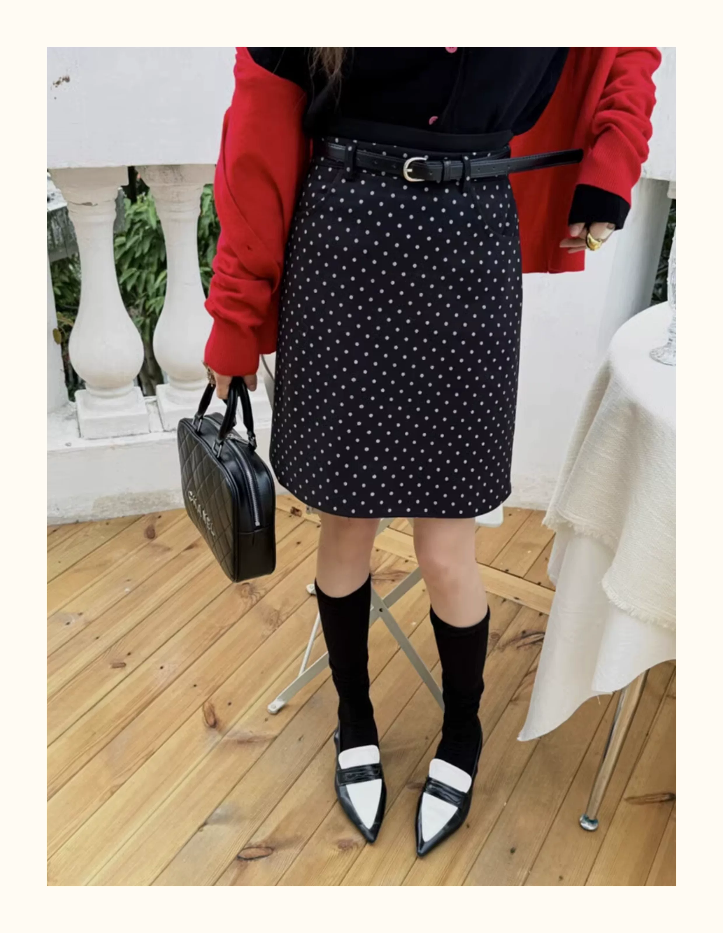 Váy chấm bi đen cho nữ, cỡ lớn, mùa xuân hè, váy bút chì len lưng cao, váy midi chữ A, cỡ lớn, váy bút chì xẻ tà chấm bi.