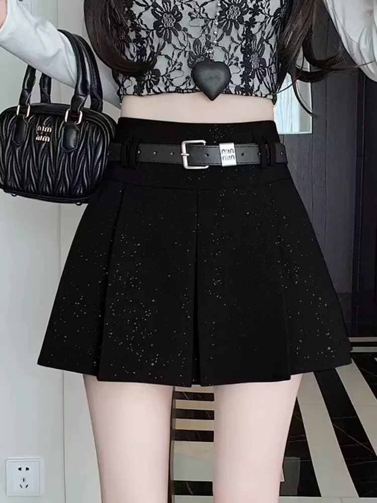 Váy xếp ly sequin màu xám cỡ lớn dành cho nữ, váy chữ A chống lộ eo cao, dáng ôm, mùa xuân hè, kiểu váy ngắn.