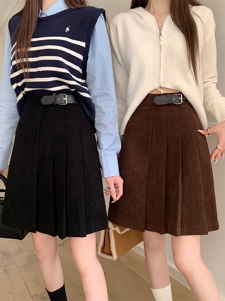 Váy nhung kẻ lưng cao dành cho nữ, mùa thu đông, cỡ lớn, váy ngắn chữ A thon gọn, màu cà phê, váy ôm sát, váy xếp ly không đều.