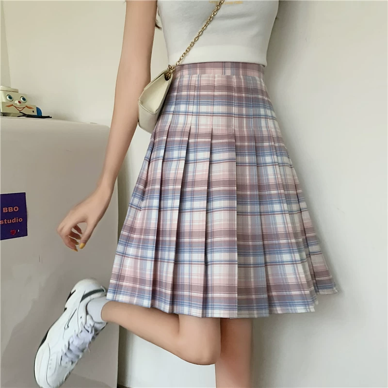 Váy kẻ sọc JK váy xếp ly màu tím váy dài vừa phải dành cho phụ nữ cỡ lớn váy chữ A cạp cao kiểu dáng học sinh giúp thon gọn