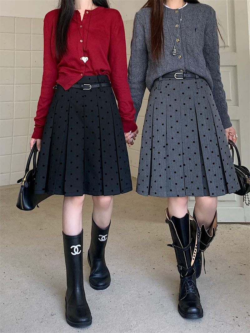 Váy chấm bi màu xám cỡ lớn, váy cạp cao, váy chữ A phong cách preppy dành cho nữ, váy xếp ly dài vừa phải giúp giảm béo mùa xuân hè