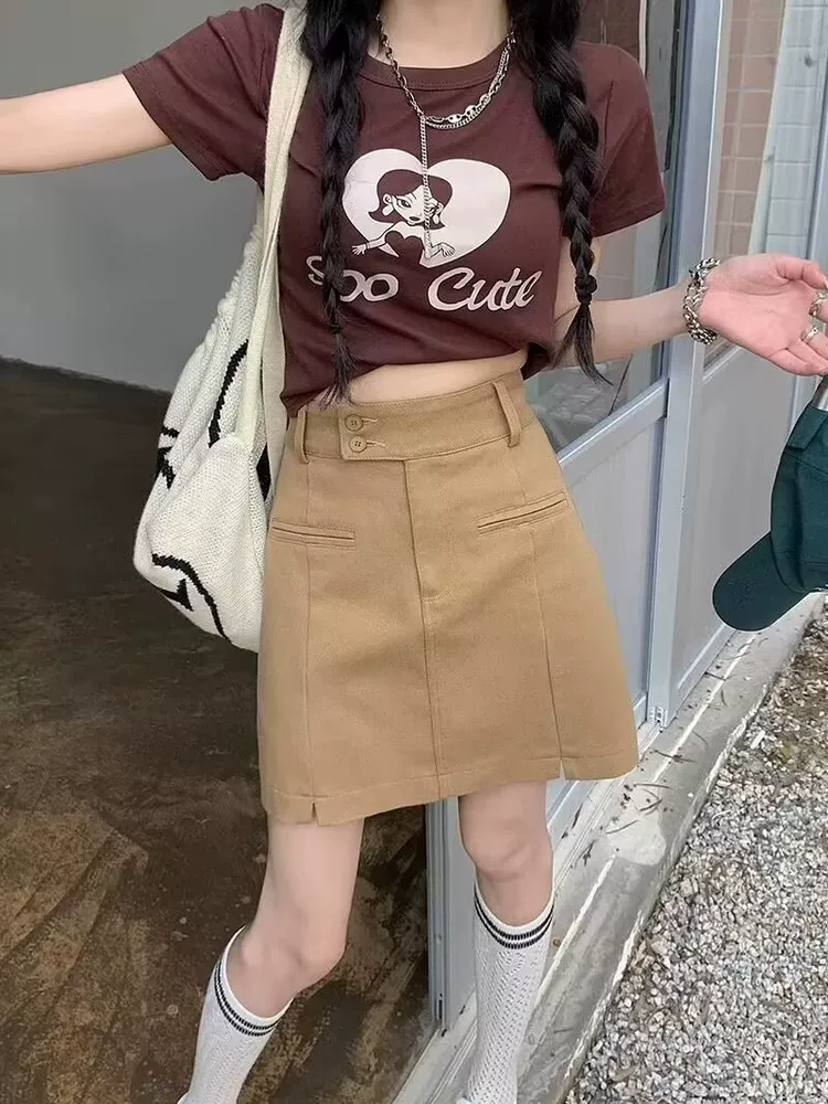 Váy denim xẻ tà cỡ lớn dành cho nữ, mùa thu, tôn dáng, ôm hông, phong cách Hàn Quốc, váy ngắn chữ A lưng cao.