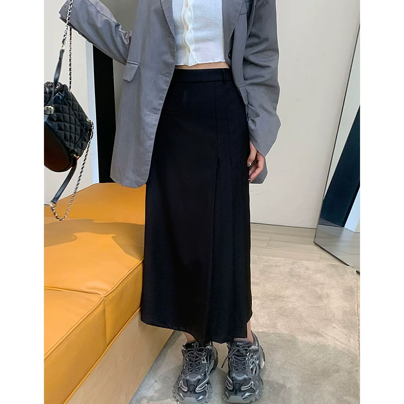 Váy chữ A dáng suông cho nữ, size lớn, thu đông, lưng cao, dài trung bình, màu xám, váy xếp ly dài thời trang