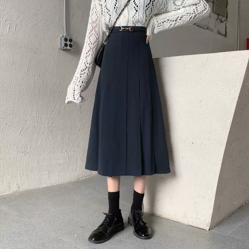 Váy midi xếp ly màu đen cỡ lớn dành cho nữ, mùa thu đông, váy dài che hông, váy bút chì dáng chữ A cạp cao giúp thon gọn dành cho phụ nữ có đường cong.