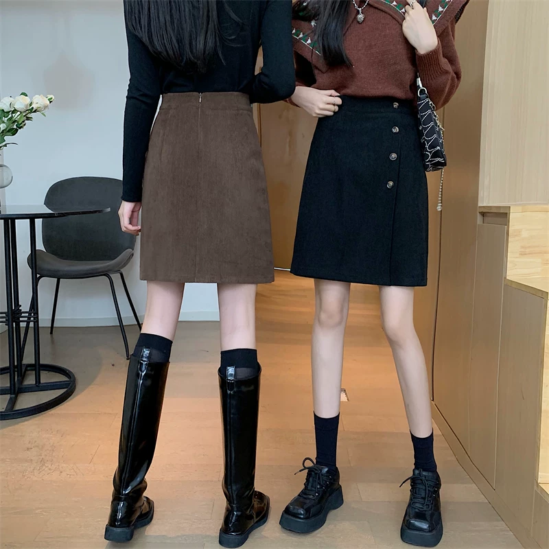 Váy nhung kẻ sọc cỡ lớn cho mùa thu đông, váy dài ngang đùi lưng cao, dáng bất đối xứng dành cho nữ, váy chữ A tôn dáng và che bụng, váy ngắn.