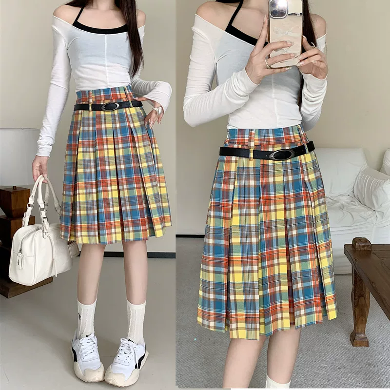 Váy xếp ly kẻ sọc nhiều màu phong cách retro Mỹ dành cho nữ, size lớn, kiểu preppy, lưng cao, dáng chữ A, dài ngang đùi