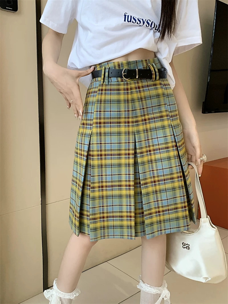 Váy xếp ly lưng cao phong cách preppy cỡ lớn, váy kẻ sọc xanh vàng mùa hè dành cho nữ, váy dài vừa vặn dáng chữ A giúp thon gọn