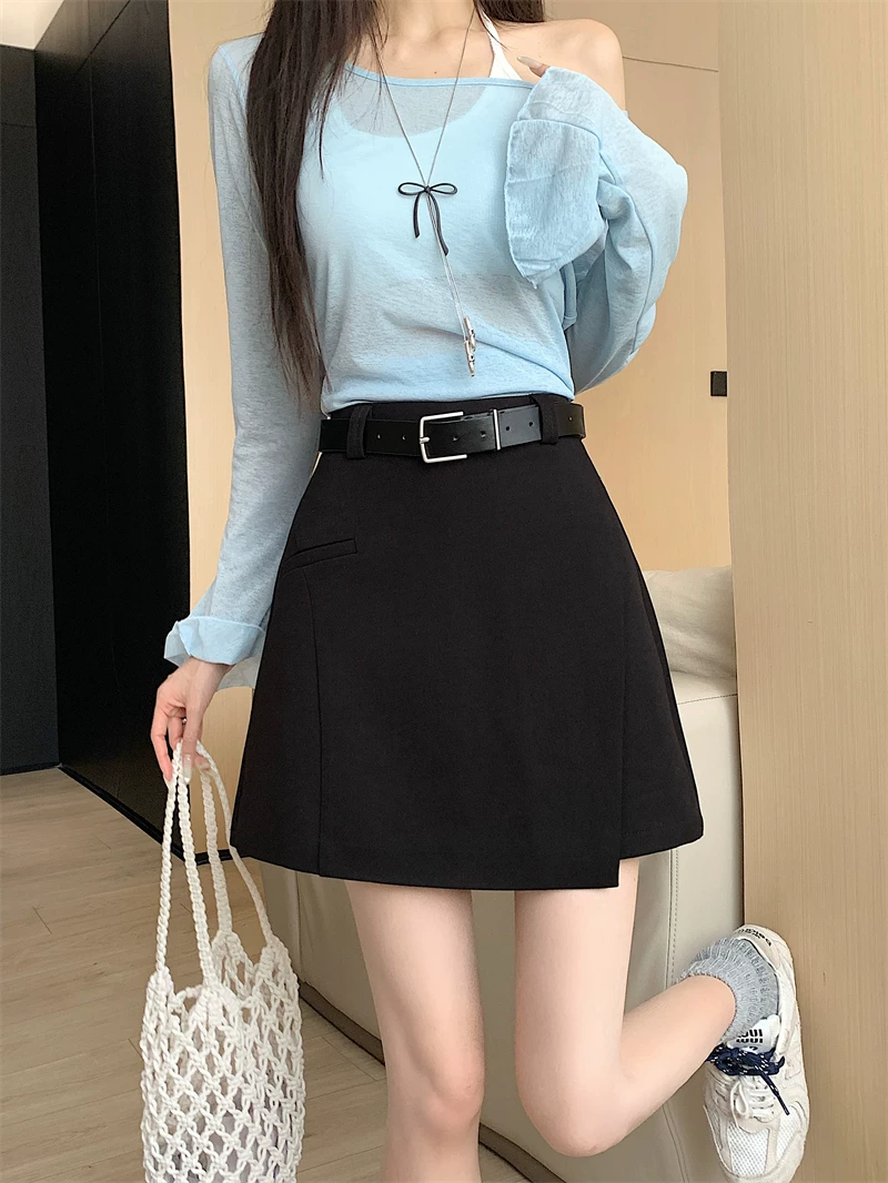 Váy vest bất đối xứng cỡ lớn dành cho nữ, váy ngắn màu trắng lưng cao mùa hè che hông và giúp bạn trông thon gọn hơn, váy bút chì dáng chữ A.