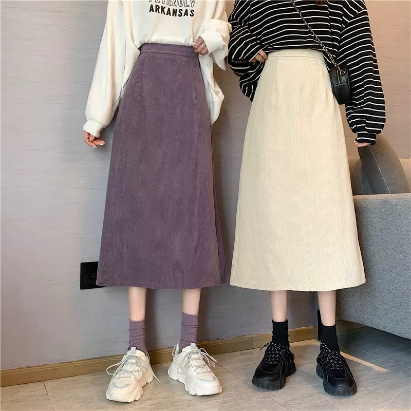 Váy midi nhung kẻ sọc cổ điển cỡ lớn dành cho nữ, mùa thu đông, kiểu ôm sát, tôn dáng, che hông, có xẻ tà, kiểu bút chì, váy dài.