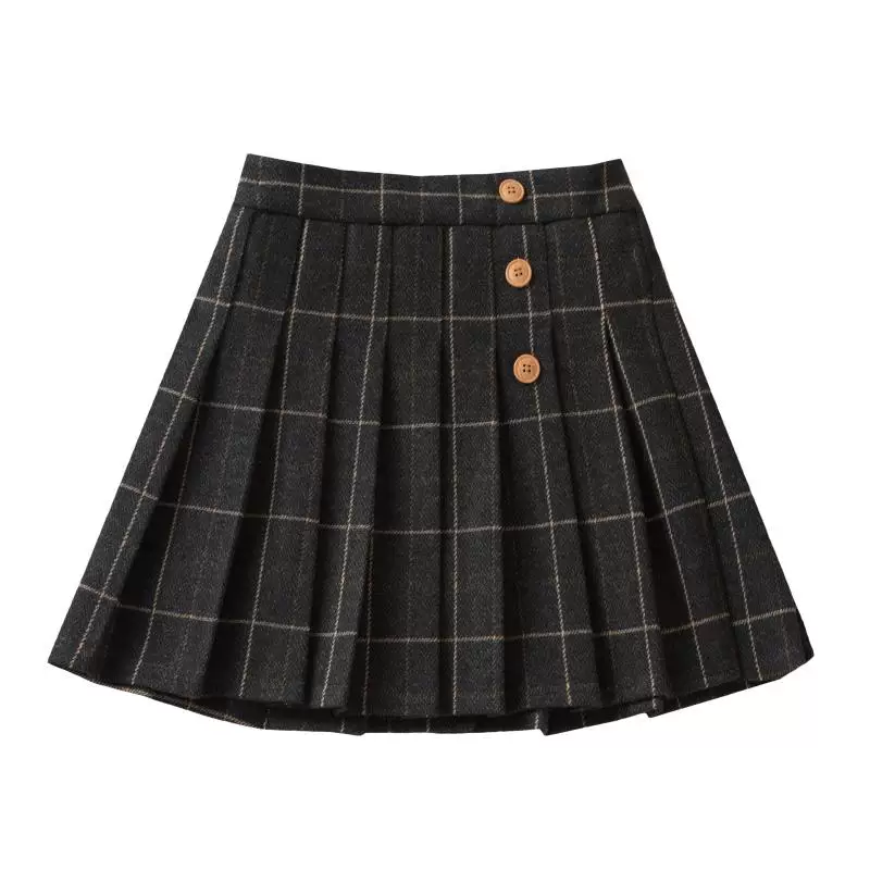 Váy len xếp ly cỡ lớn, váy ngắn, váy nửa thân cho nữ, mùa thu đông, giảm béo cho phụ nữ mũm mĩm, che hông, váy kẻ sọc dày, váy chữ A.