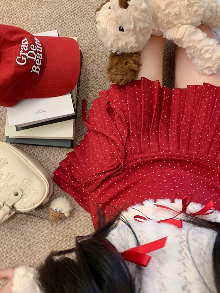 Váy xếp ly chấm bi màu đỏ thắt nơ cho nữ mùa thu đông, váy ngắn lưng cao chống lộ, váy chữ A nhỏ nhắn gợi cảm