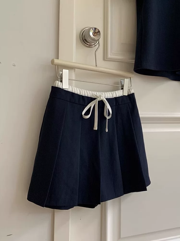 Váy xếp ly màu xanh hải quân dành cho nữ, phong cách Hàn Quốc, cỡ lớn, váy ngắn lưng thun có dây rút, váy chữ A cạp cao, chống lộ.