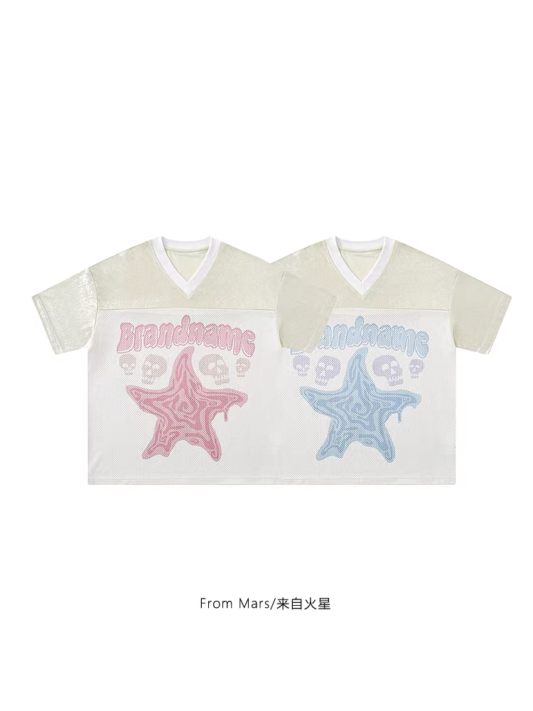 From Mars Starfall Áo thun ngắn tay in họa tiết hoạt hình Mỹ, thoáng khí, dáng rộng, áo đôi BF