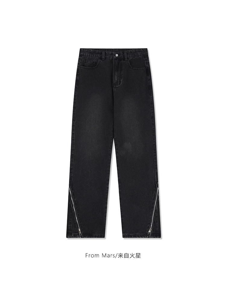 Từ Mars Thiết kế dây kéo cổ điển kiểu Nhật Bản quần jean ống thẳng unisex quần ống rộng dáng rộng thông thường