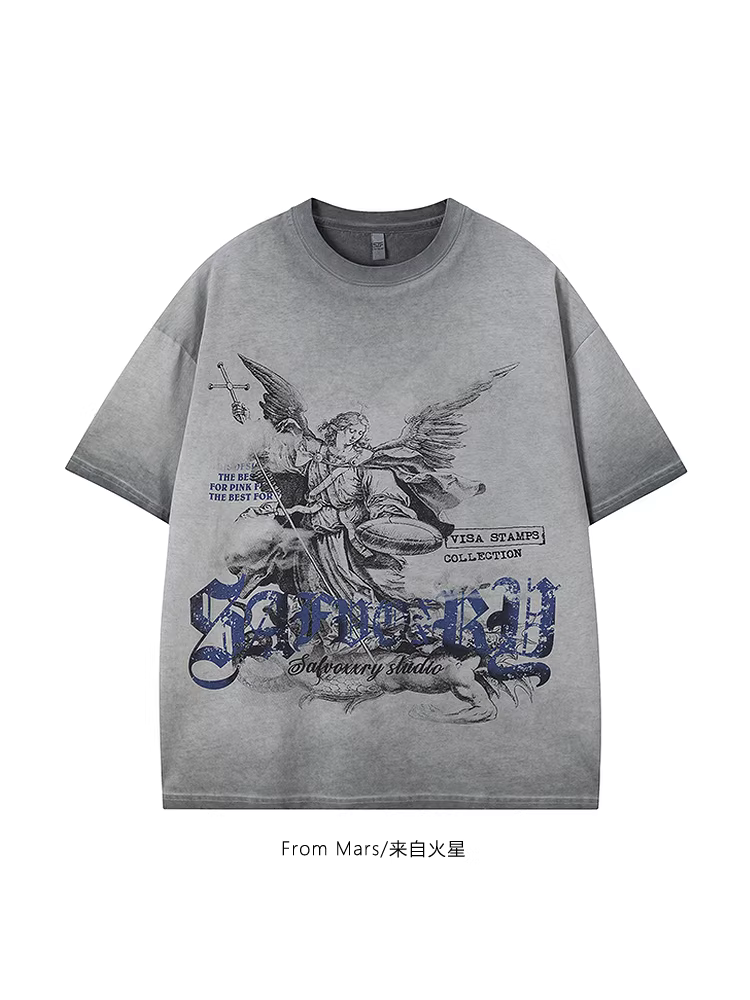 From Mars Love Angel Áo thun ngắn tay mùa hè kiểu cổ điển kiểu Mỹ dành cho nam và nữ, kiểu dáng rộng rãi, phong cách đường phố BF