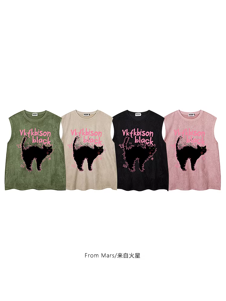 From Mars Black Cat Startled Vintage Summer Cat Print Streetwear Vest Unisex Loose Không tay