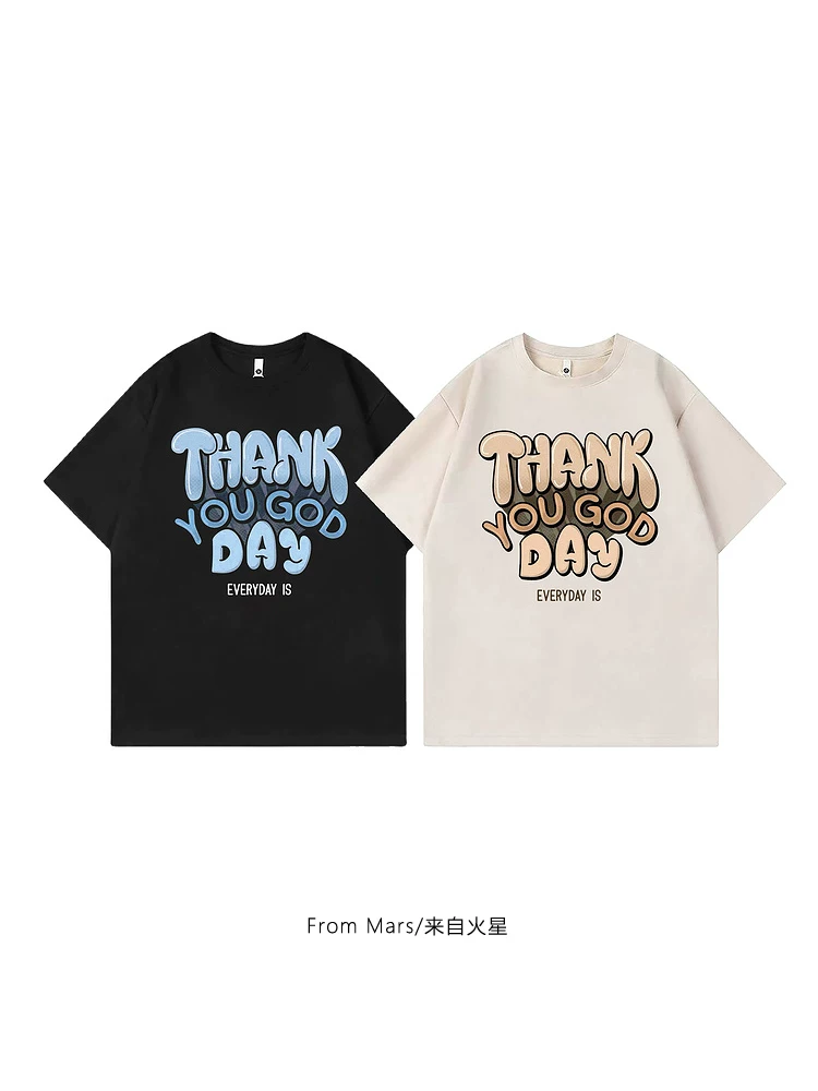 Từ Mars phong cách retro thời thượng họa tiết chữ cái thiết kế độc đáo unisex mùa hè 2025 tay ngắn