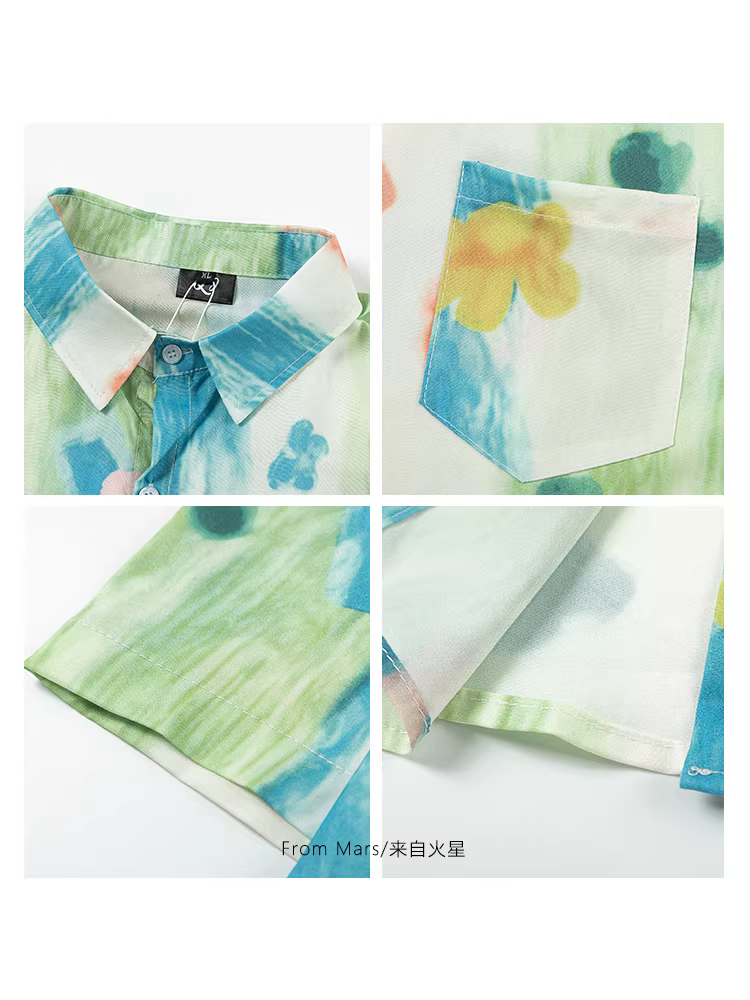 Từ sao Hỏa Hoa rụng và nước chảy Thương hiệu thời thượng Ins Fashion Graffiti Áo sơ mi in họa tiết toàn thân Áo sơ mi ngắn tay dáng rộng cho cặp đôi