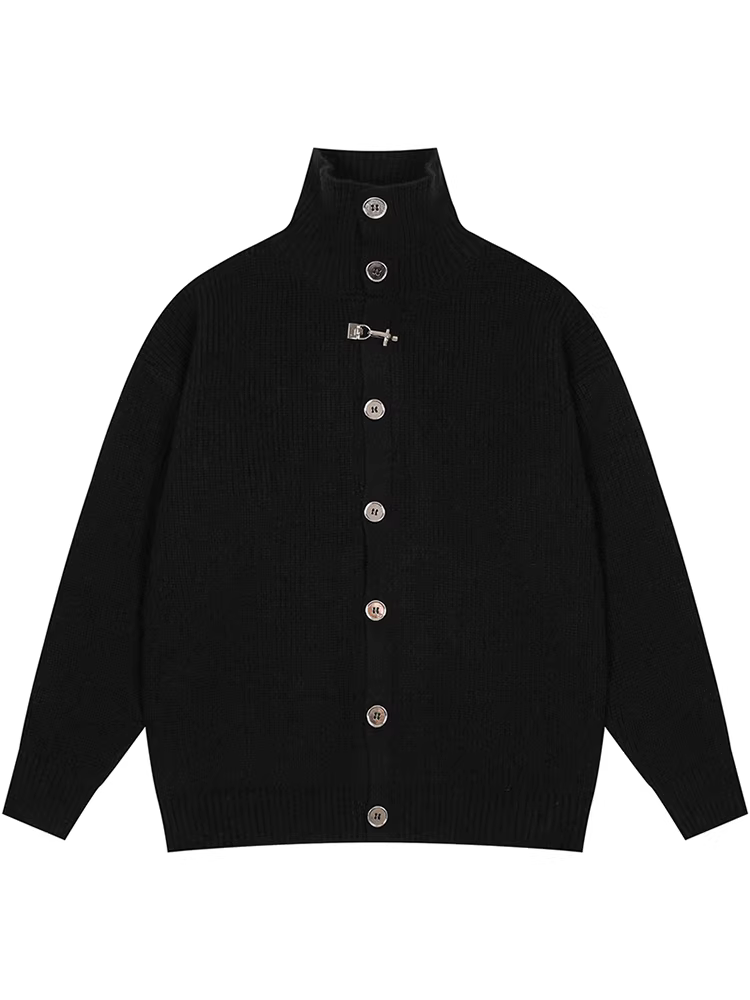 Áo len dáng rộng cổ cao phong cách trưởng thành, màu trơn cổ điển của Mỹ, có khóa kim loại màu trơn, ôm sát cơ thể.